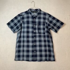 Columbia Omni Shade Shirt Mens L Blue Plaid Short Sleeves Button Up Zip Pocket